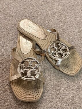Tory Burch Metallic Gold Miller Logo Espadrille Slide Sandals